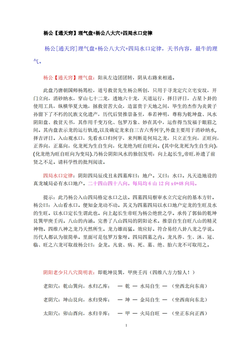 杨公通天窍理气盘八大穴四局水口定律 – 电子书下载